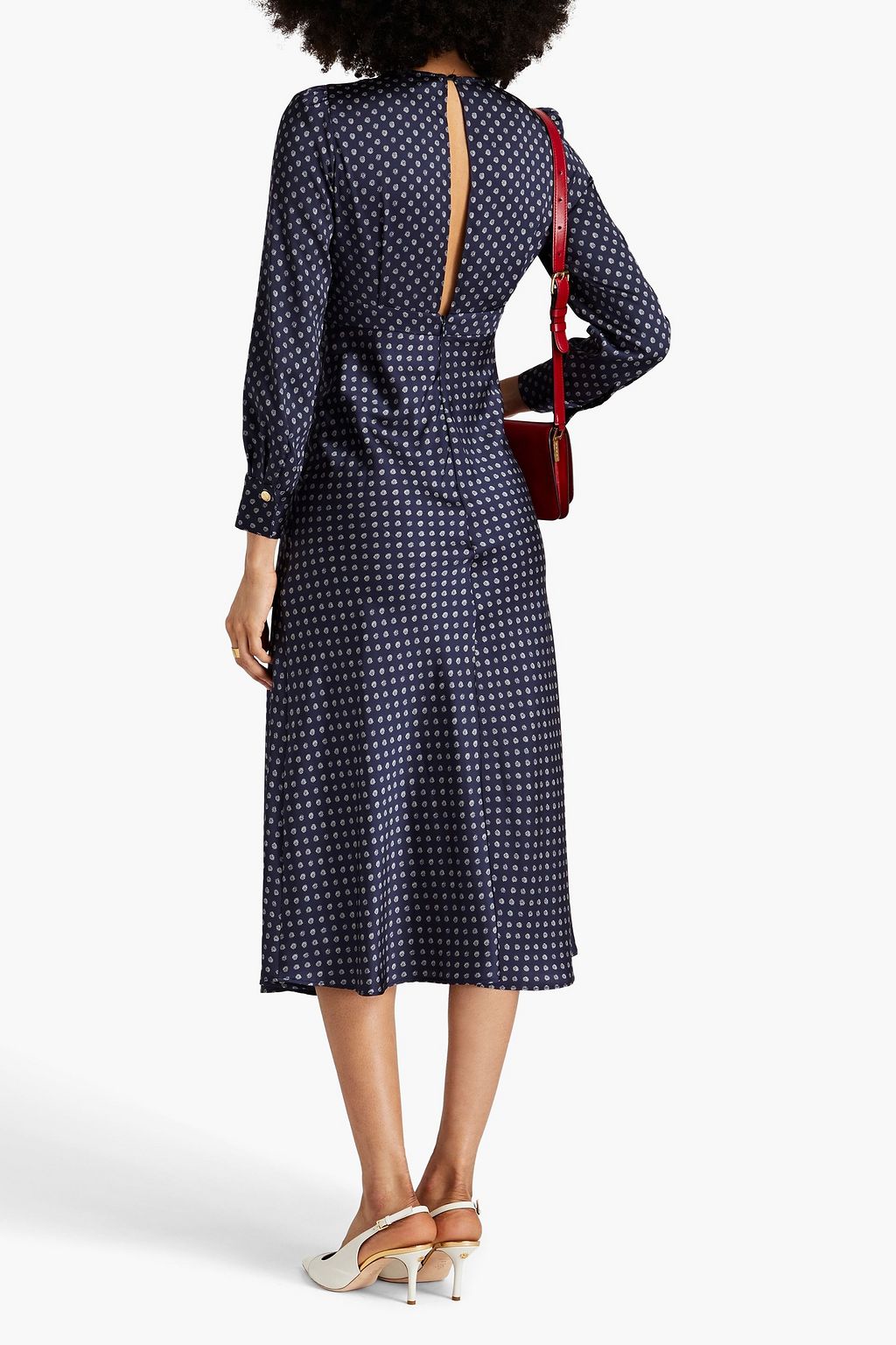 SANDRO Button-embellished printed silk-twill midi dress