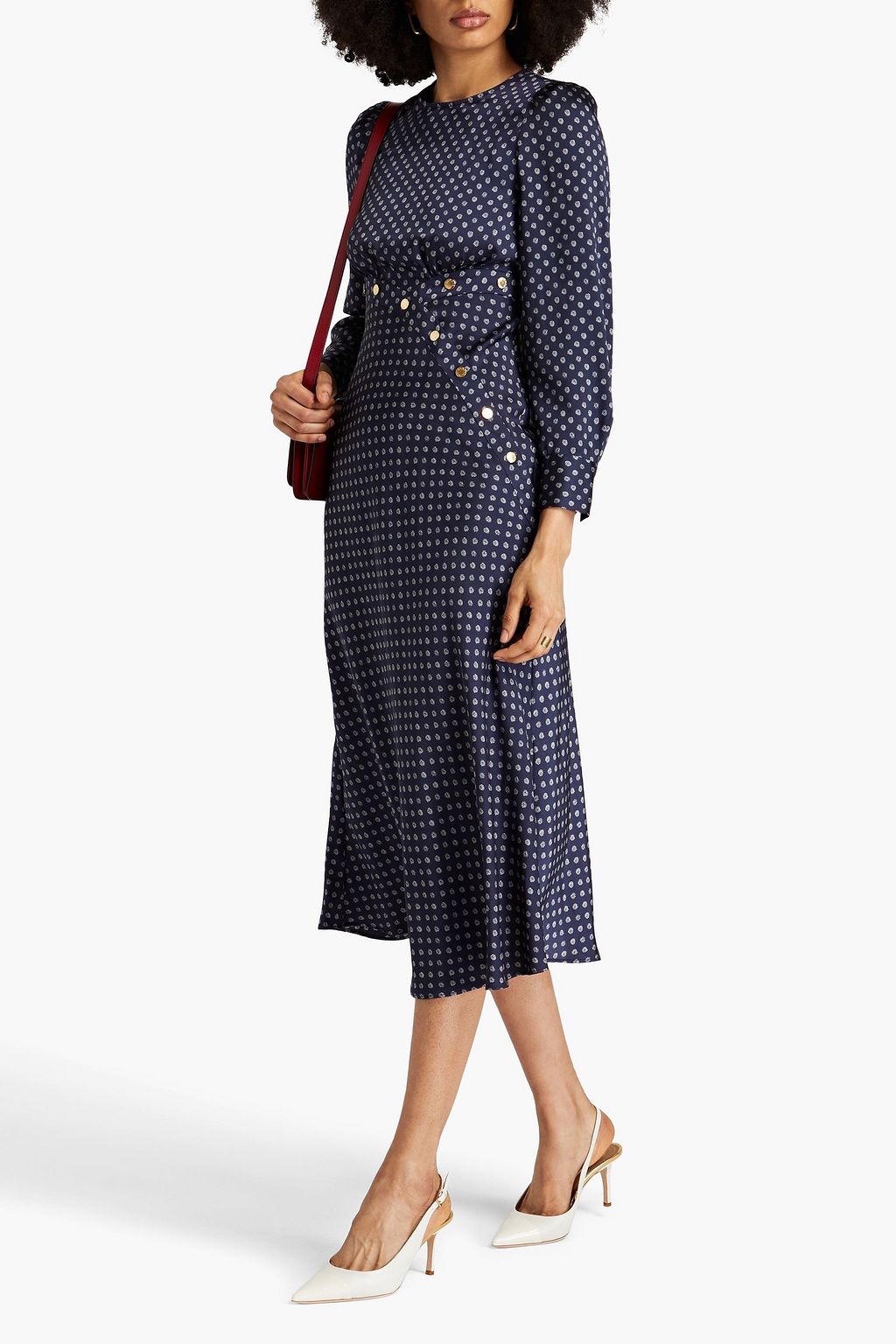 SANDRO Button-embellished printed silk-twill midi dress