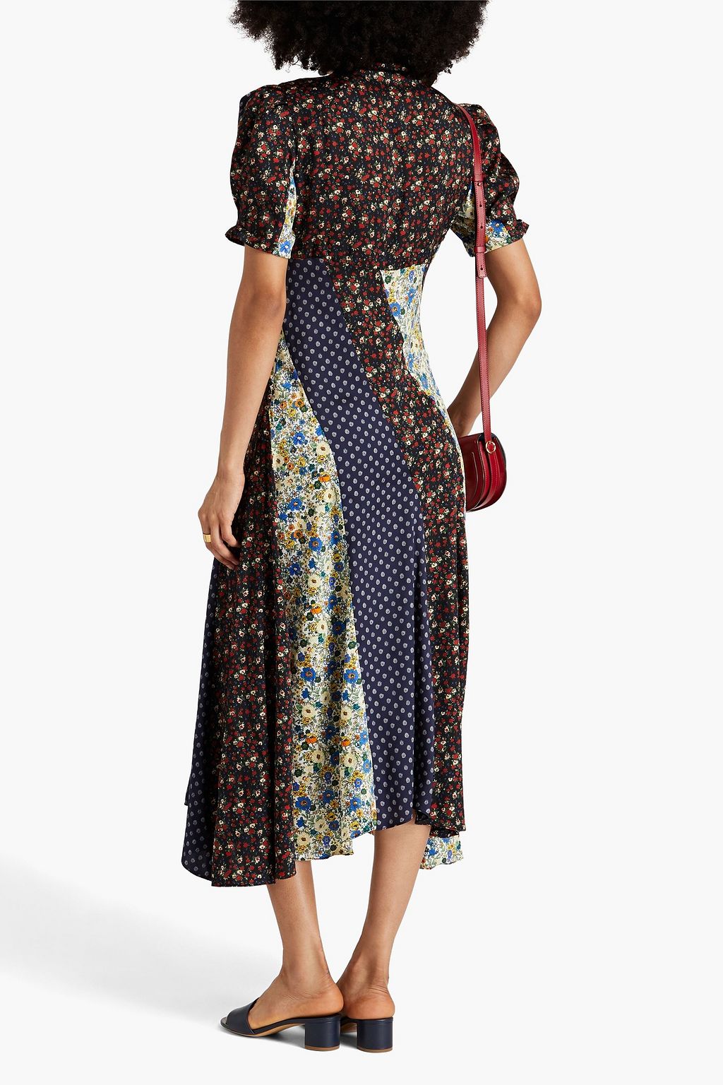 SANDRO Pussy-bow patchwork-effect twill midi dress