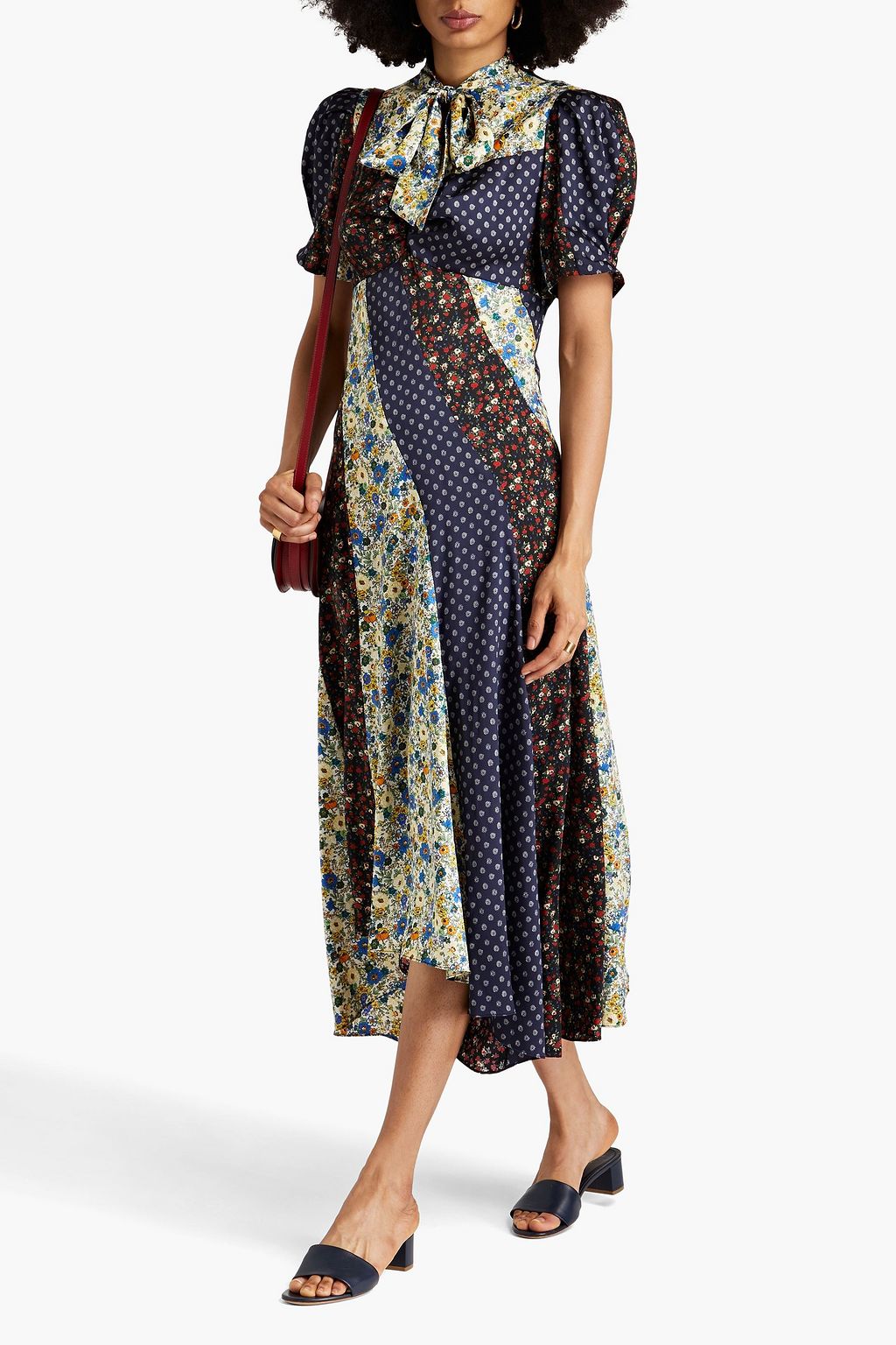 SANDRO Pussy-bow patchwork-effect twill midi dress | THE OUTNET