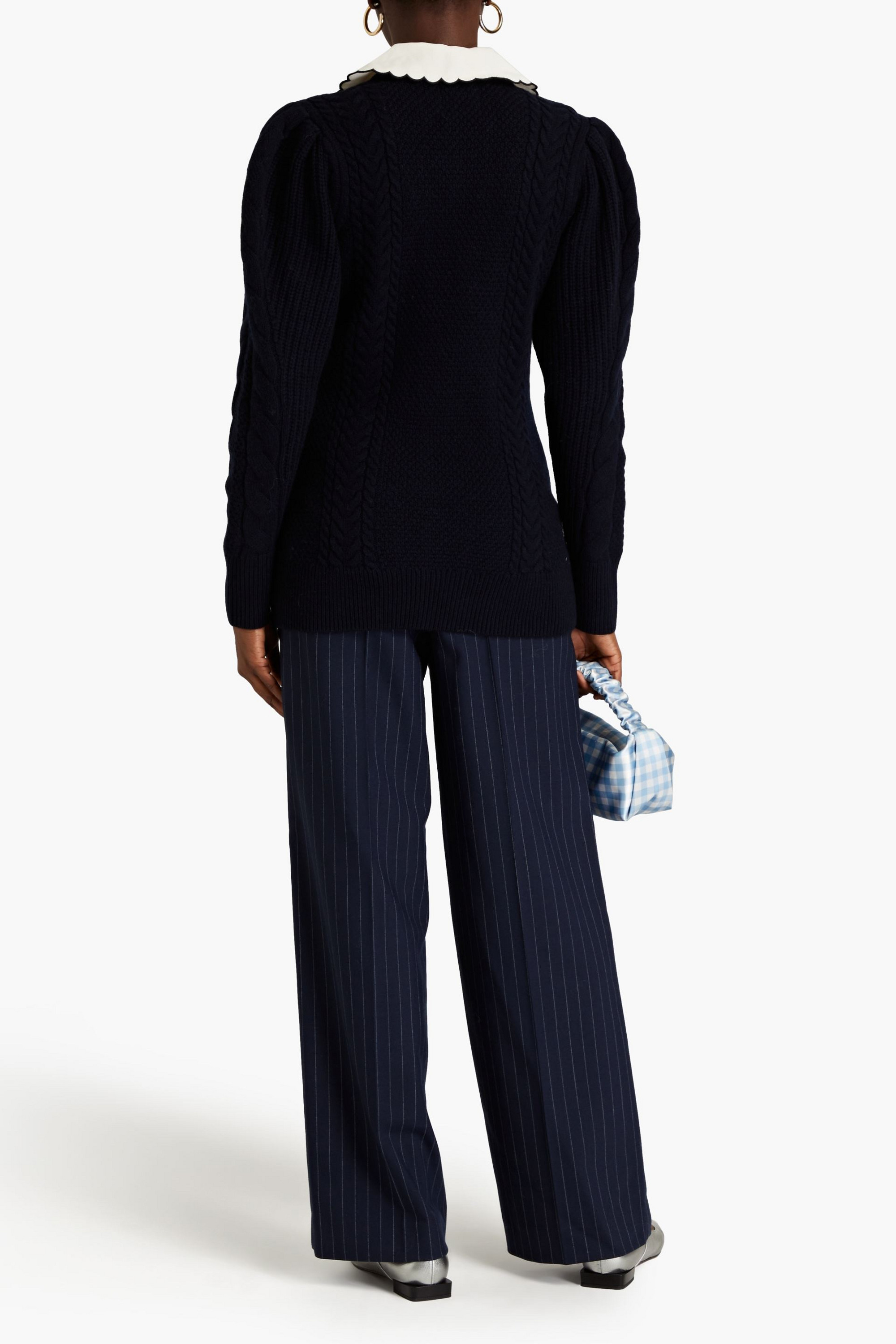 SANDRO Crepe de chine-trimmed cable-knit wool cardigan