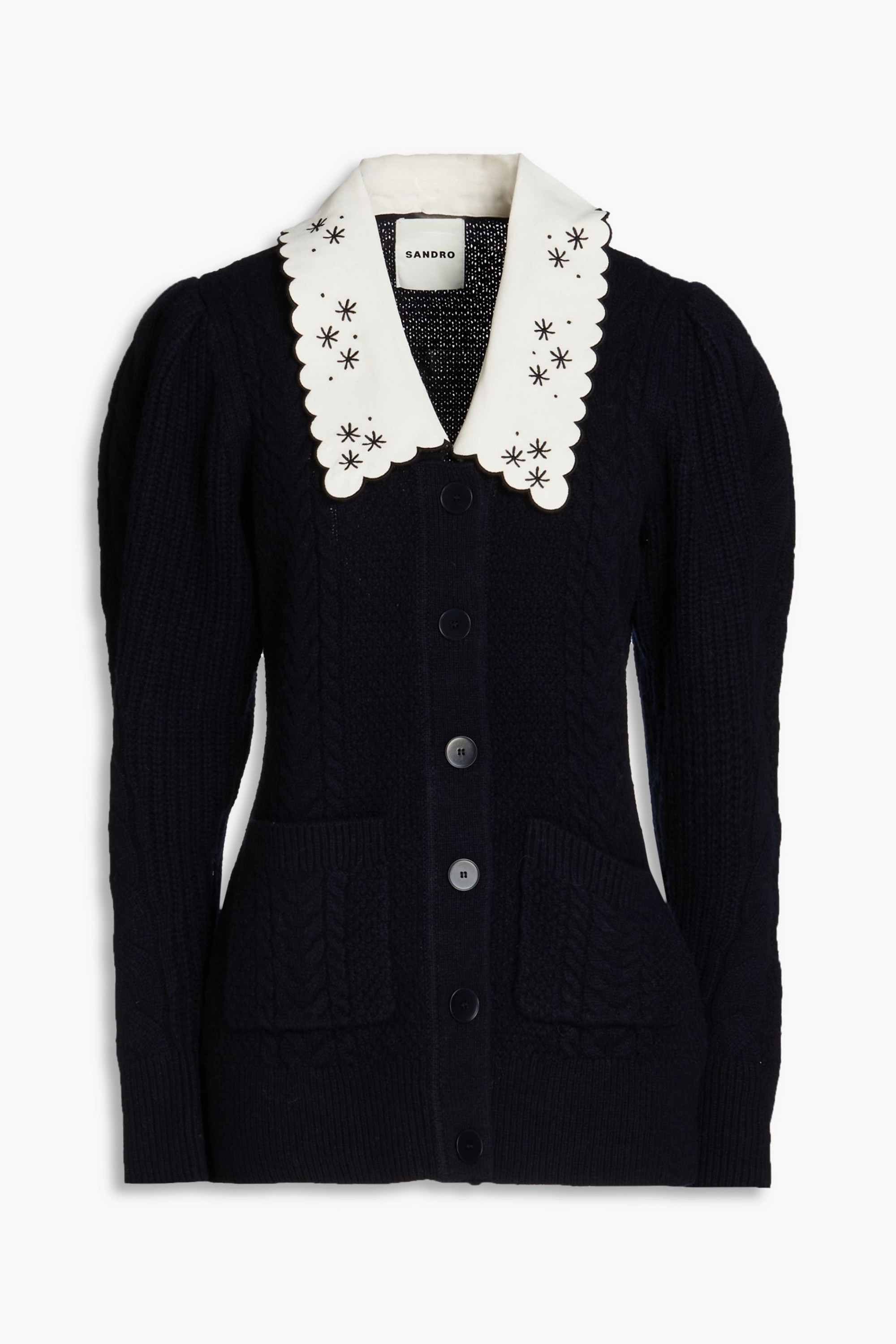 SANDRO Crepe de chine-trimmed cable-knit wool cardigan