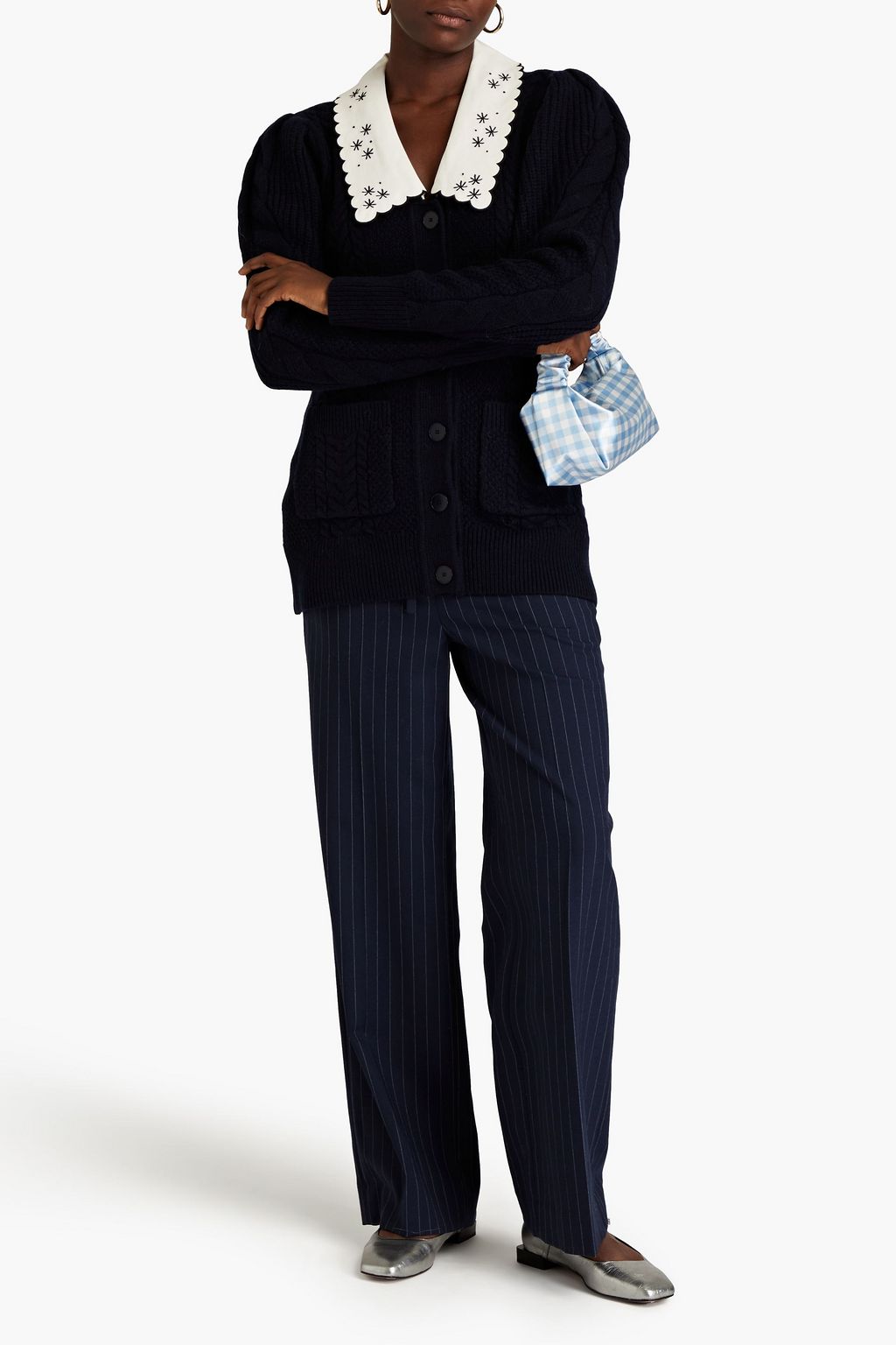 SANDRO Crepe de chine-trimmed cable-knit wool cardigan