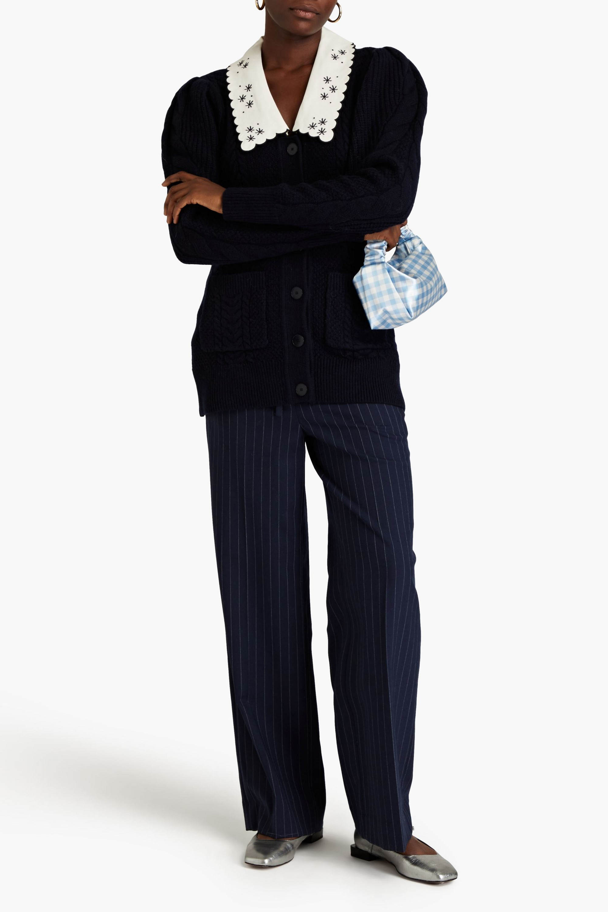 SANDRO Crepe de chine-trimmed cable-knit wool cardigan