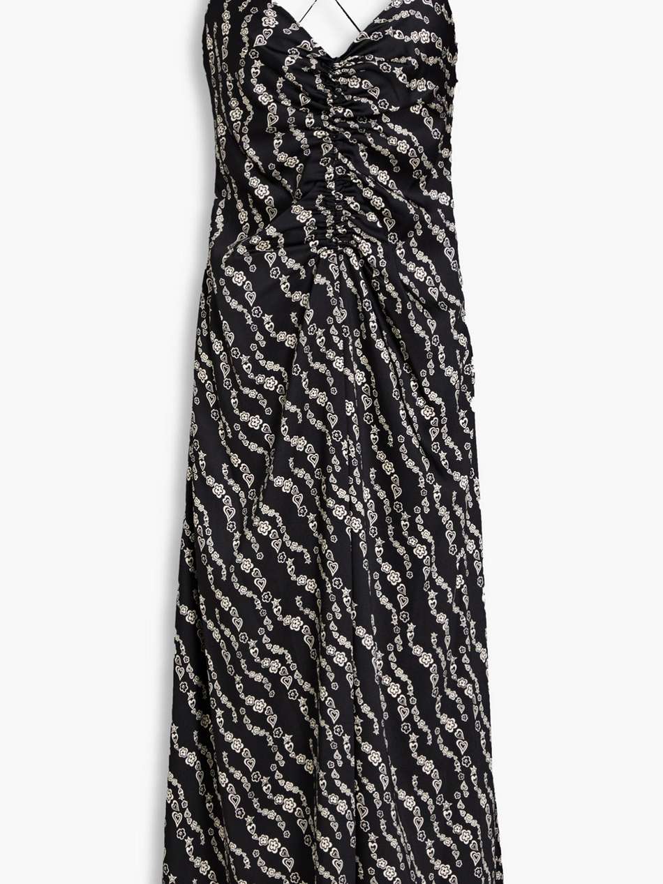 ruched printed twill midi slip dress