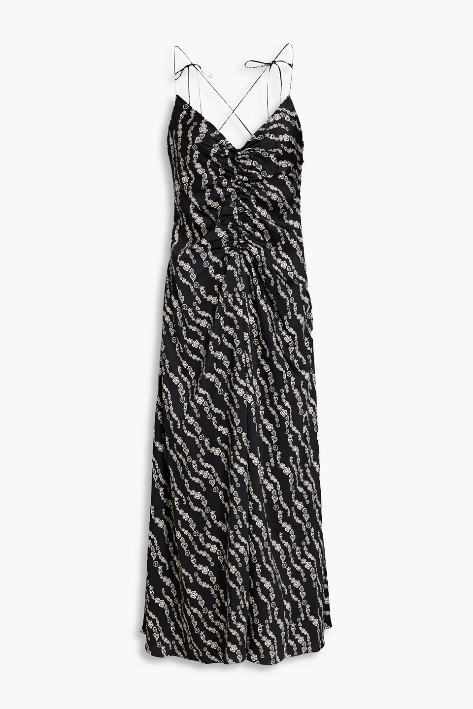 Sandro Ruched Printed Twill Midi Slip Dress In Ecru