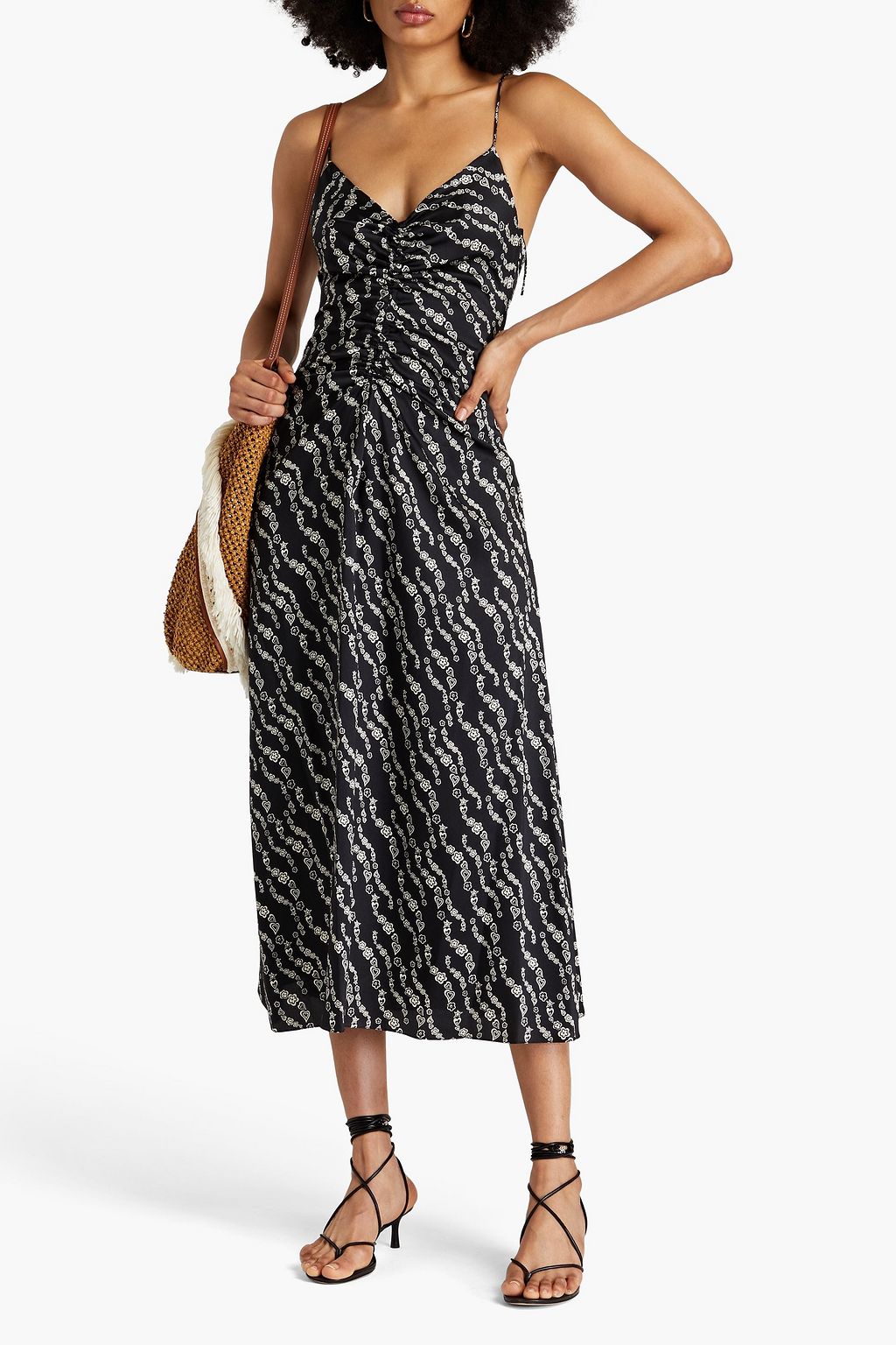 SANDRO Ruched printed twill midi slip dress
