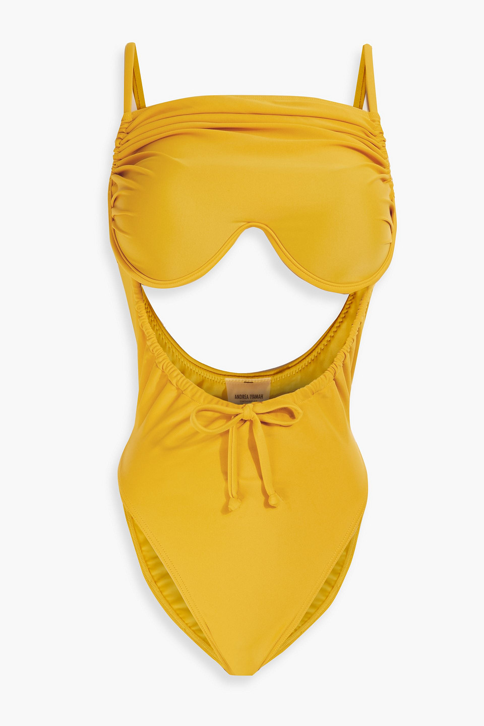 Shop Andrea Iyamah Tiaca Cutout Ruched Underwired Swimsuit In Saffron