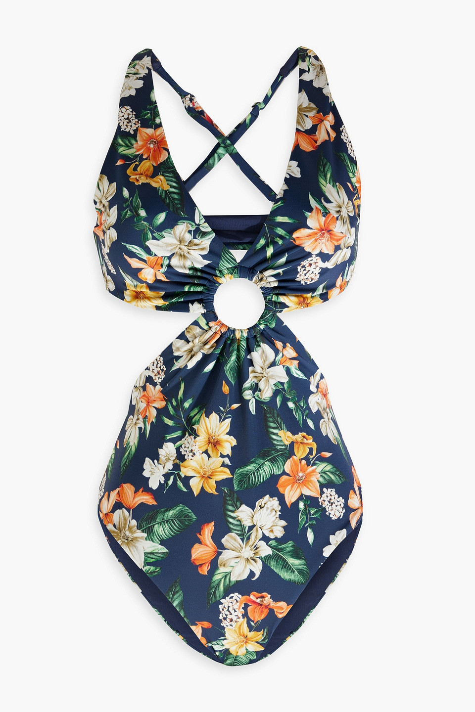 Onia Cutout Floral-print Swimsuit In Navy