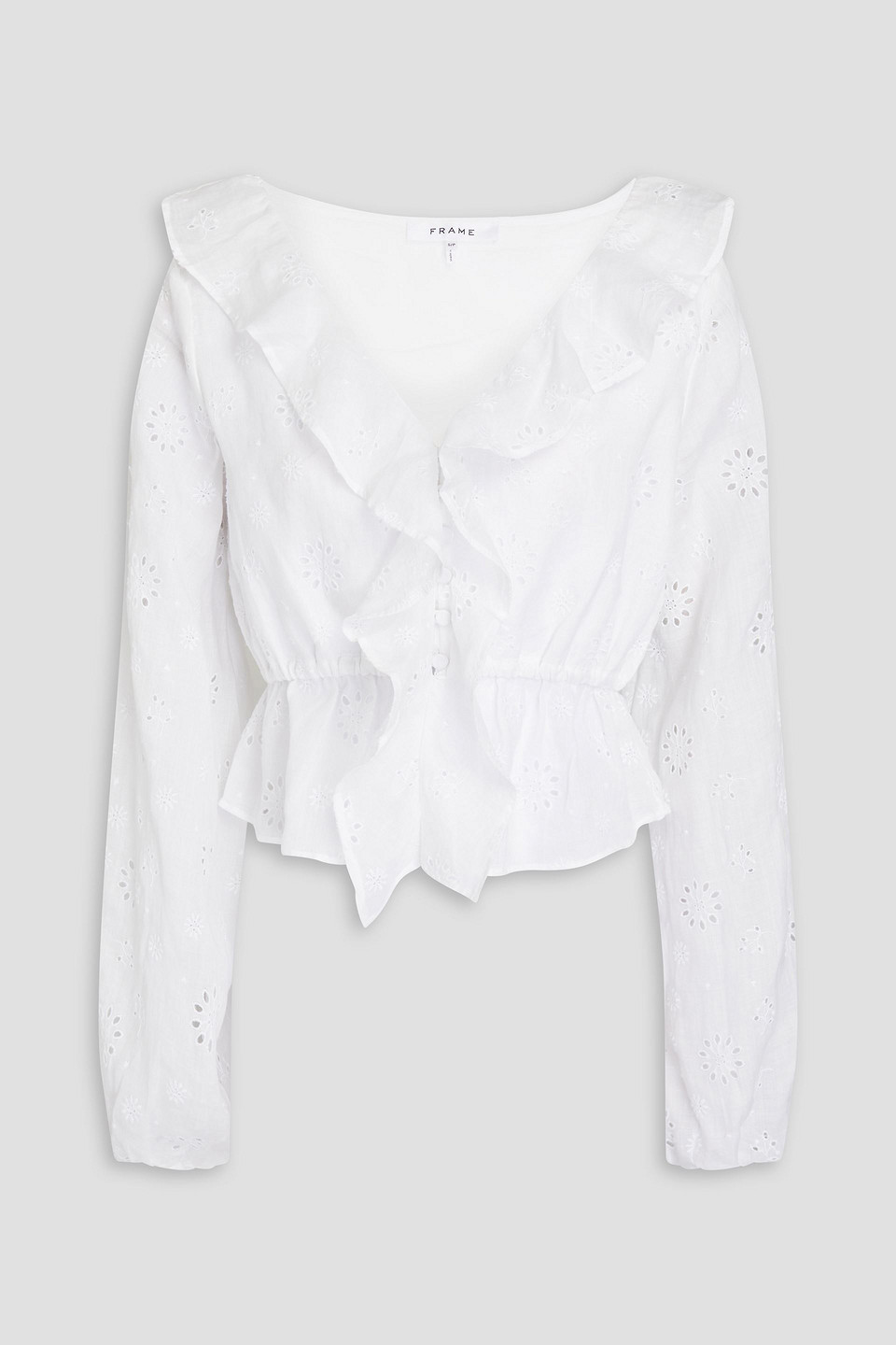 Frame Ruffled Broderie Anglaise Ramie Blouse In White