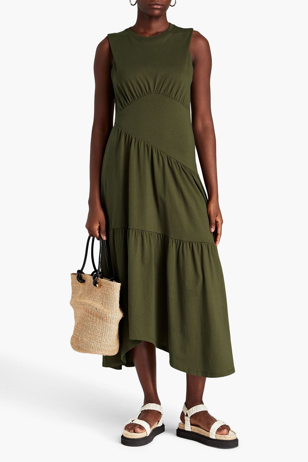 FRAME Gathered cotton-jersey midi dress