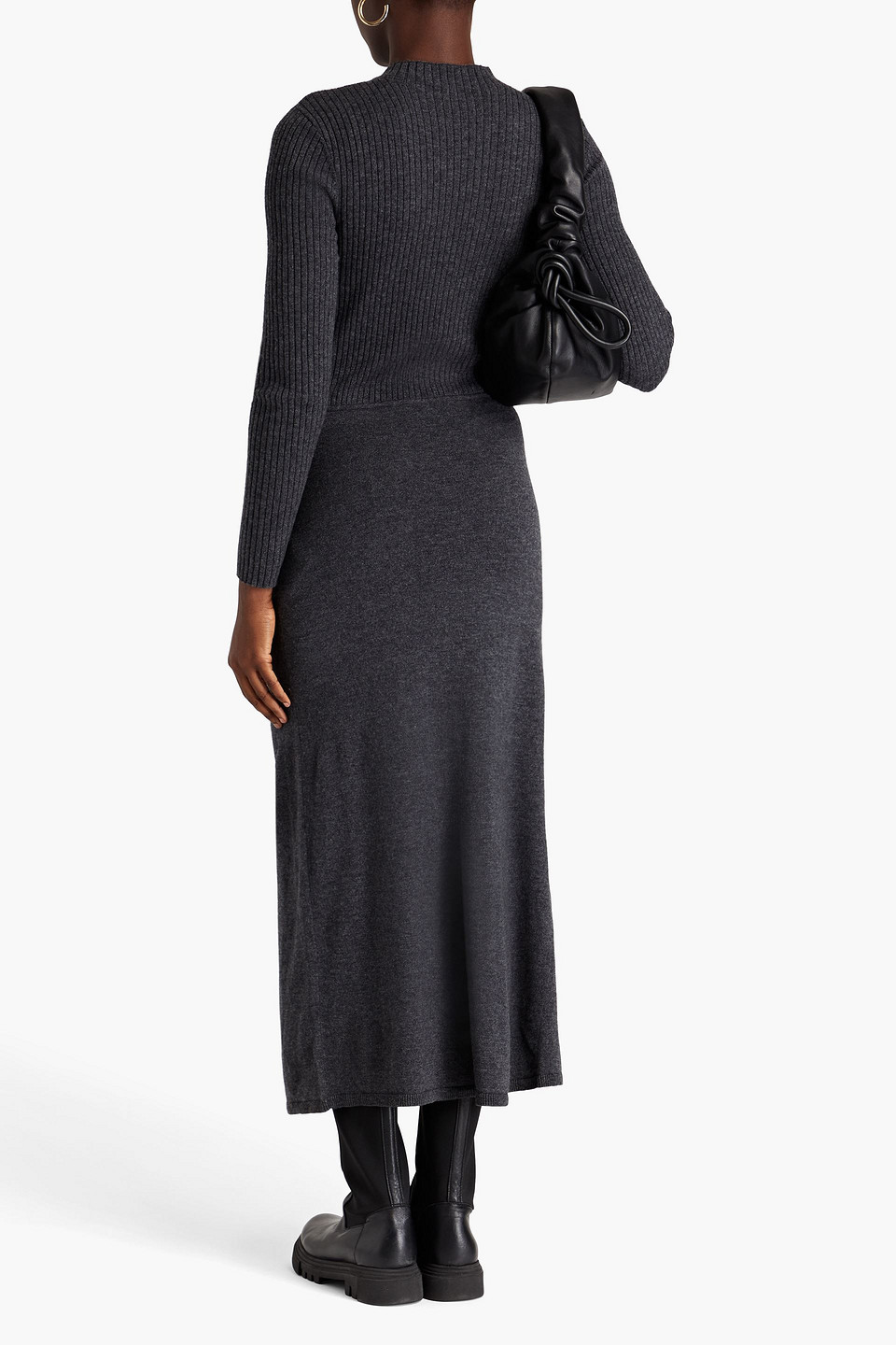Sandro Ruched Ribbed Wool-blend Midi Dress In Gray