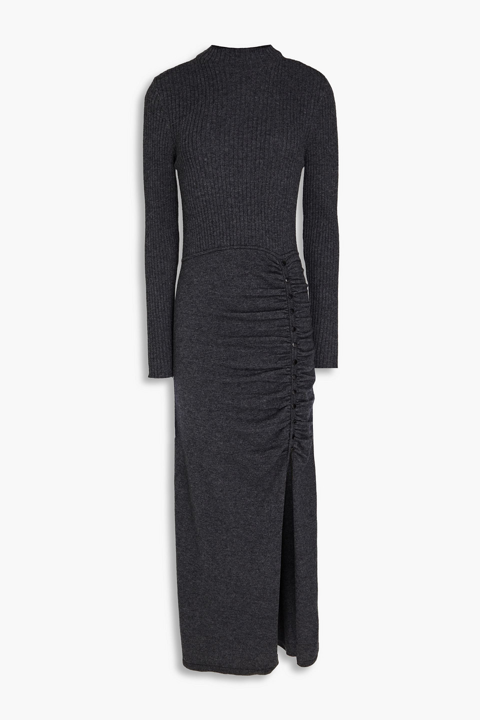 Sandro Ruched Ribbed Wool-blend Midi Dress In Gray
