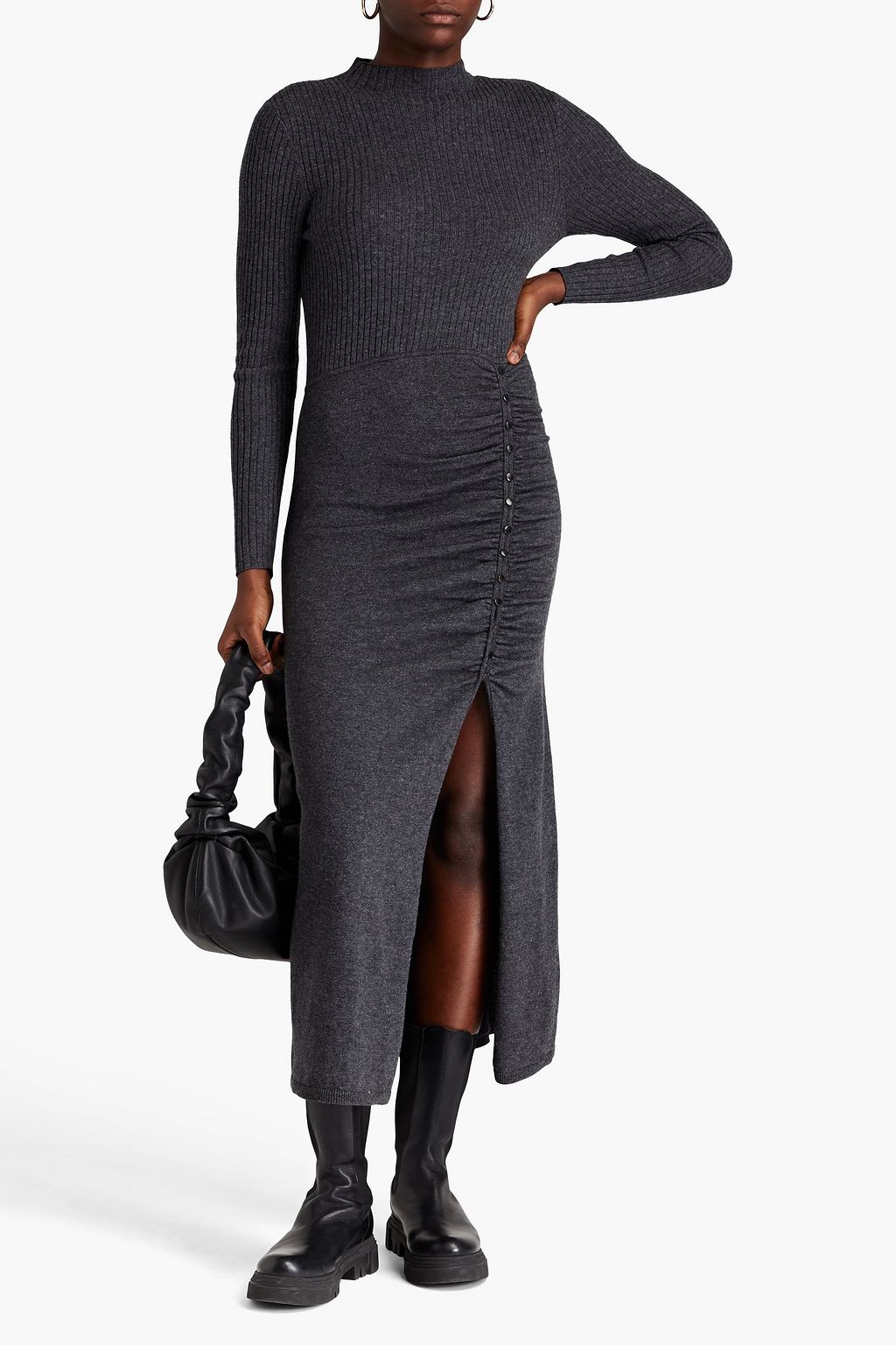 SANDRO Ruched ribbed wool-blend midi dress