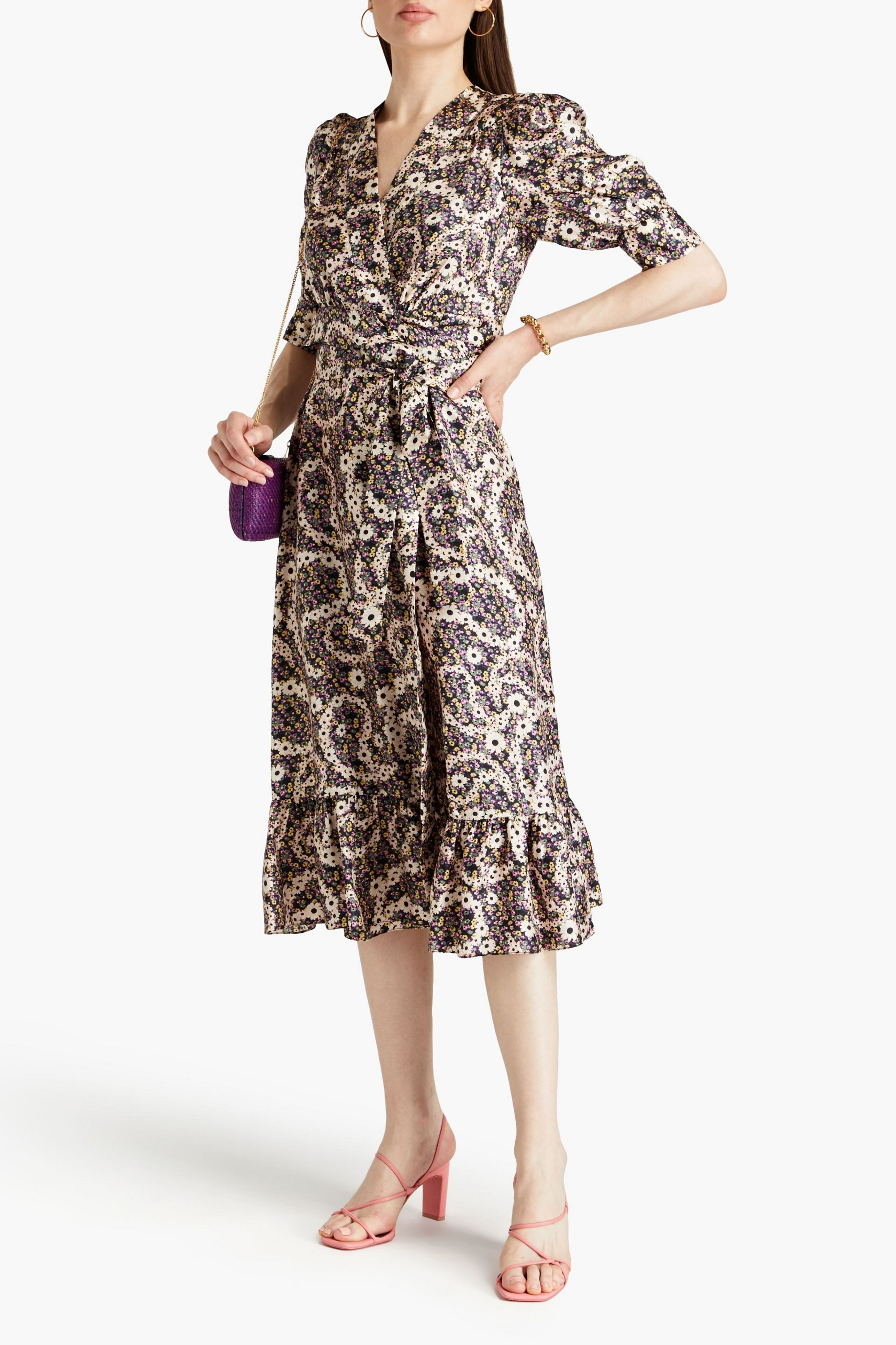 SANDRO Floral-print silk-twill midi wrap dress