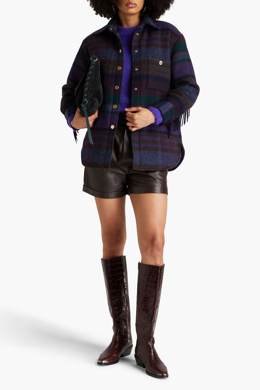 SANDRO Fringed checked wool-blend felt jacket