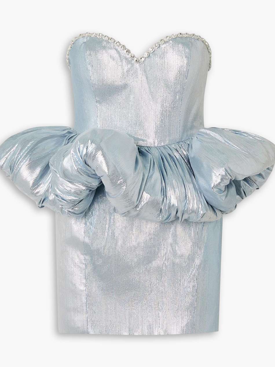 strapless embellished lamé peplum mini dress