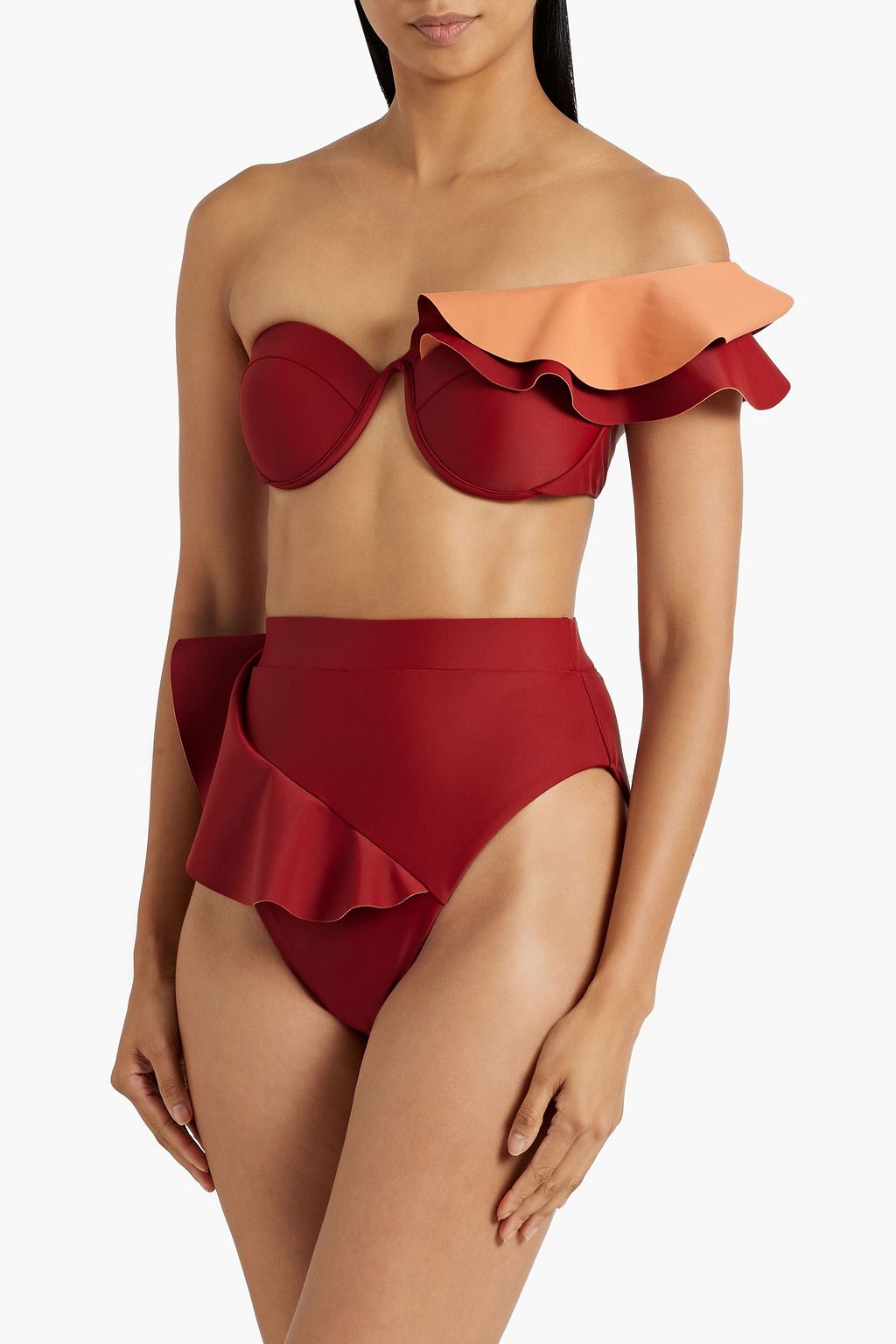 ANDREA IYAMAH One-shoulder ruffled neoprene underwired bikini top