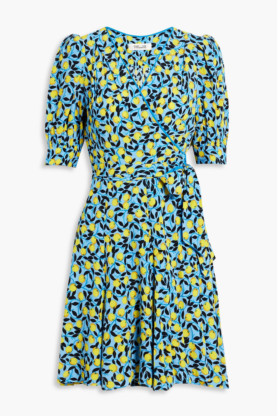 Shop Diane Von Furstenberg Elodie Printed Crepe Mini Wrap Dress In Azure