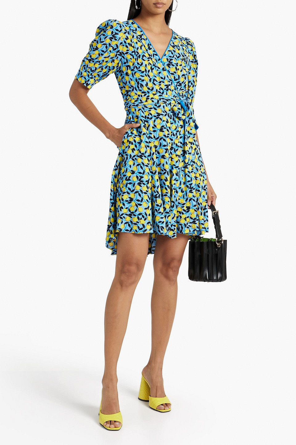 Shop Diane Von Furstenberg Elodie Printed Crepe Mini Wrap Dress In Azure