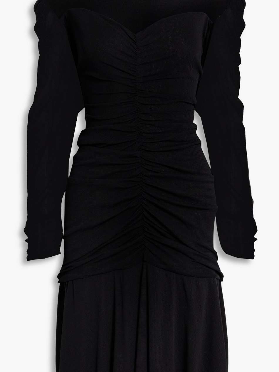 karli ruched printed stretch-mesh mini dress