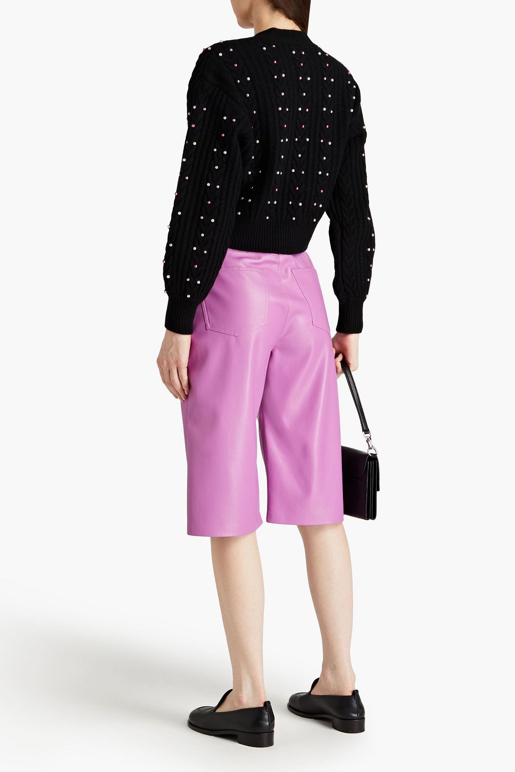 SANDRO Cropped faux pearl-embellished cable-knit wool cardigan