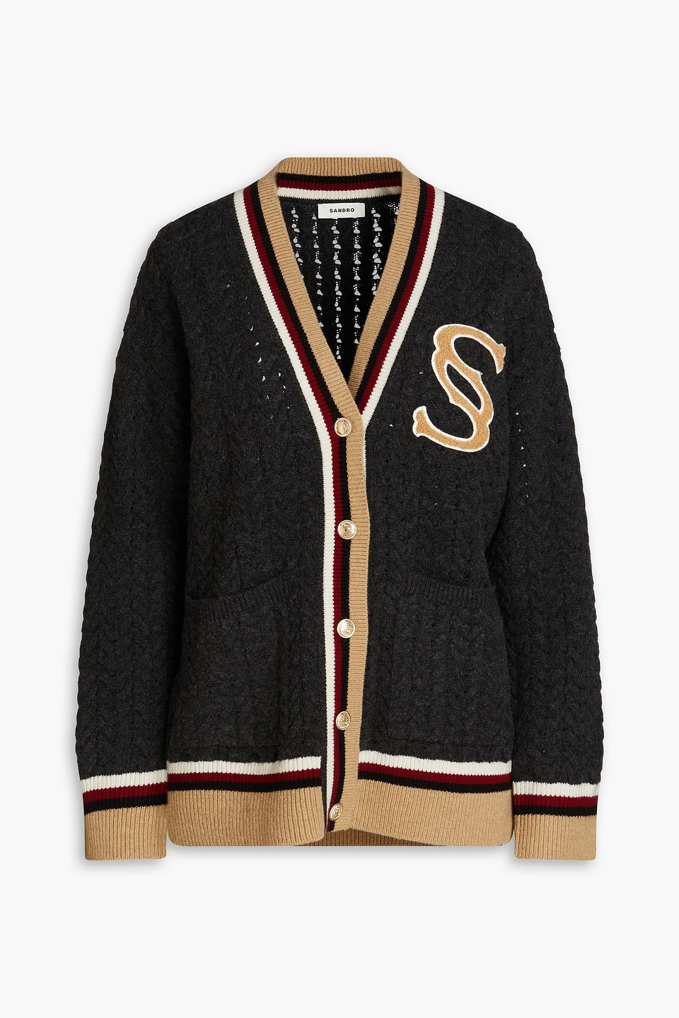 Sandro Tommy Striped Cable-knit Wool Cardigan In Charcoal