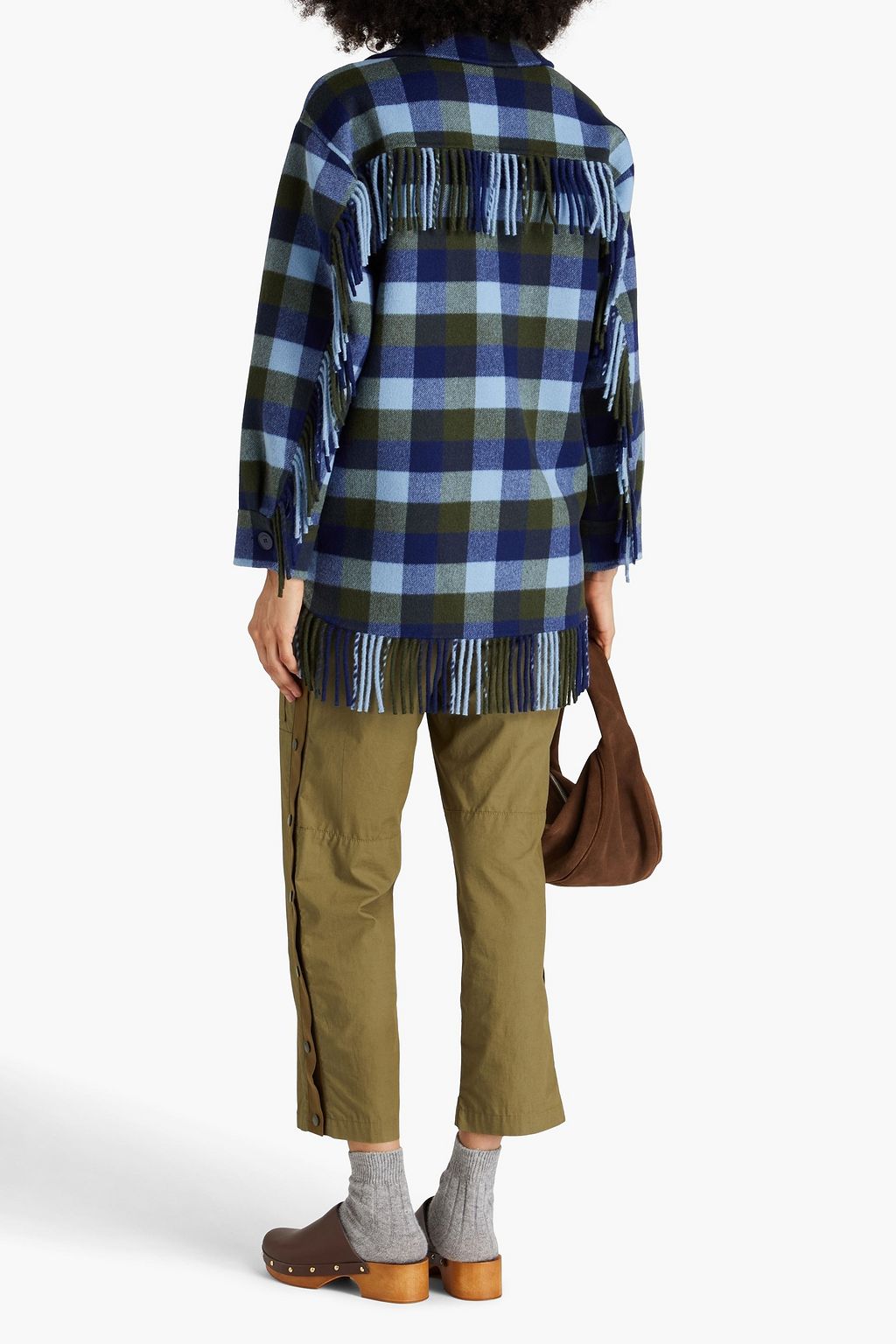 SANDRO Fringed checked wool-blend twill shirt jacket