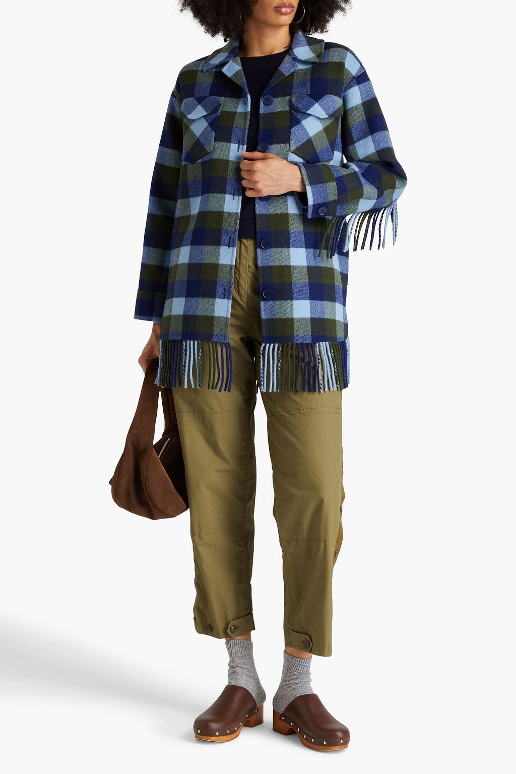 SANDRO Fringed checked wool-blend twill shirt jacket