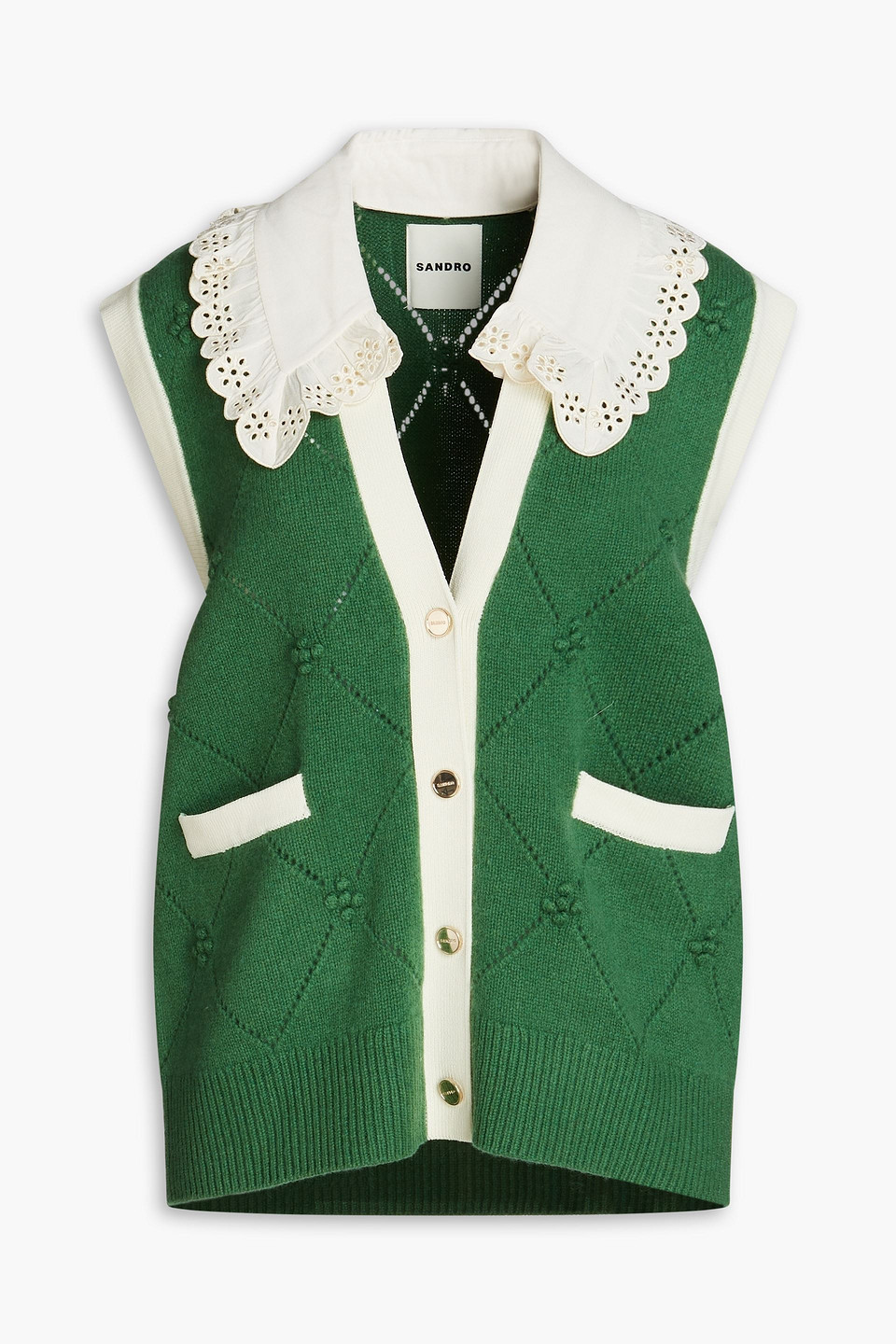 SANDRO HIBISCUS BRODERIE ANGLAISE-TRIMMED POINTELLE-KNIT WOOL waistcoat