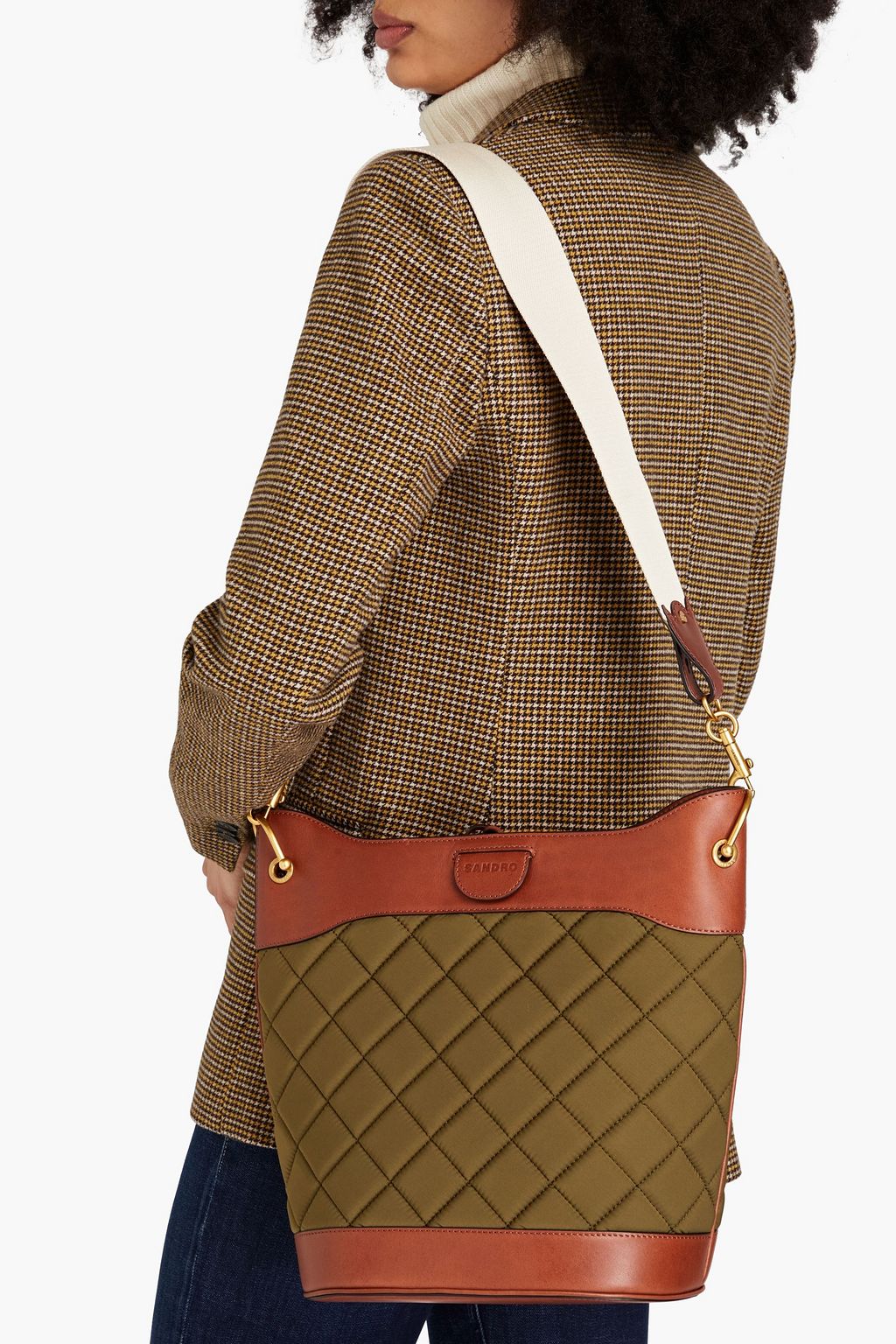 SANDRO Leather-trimmed quilted shell bucket bag