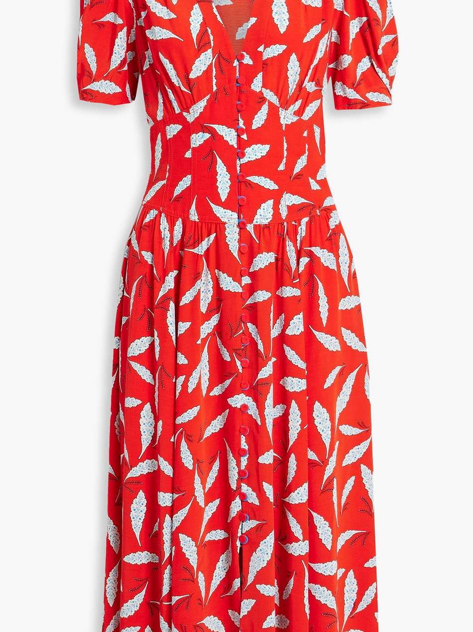 cordelia shirred printed crepe midi dress