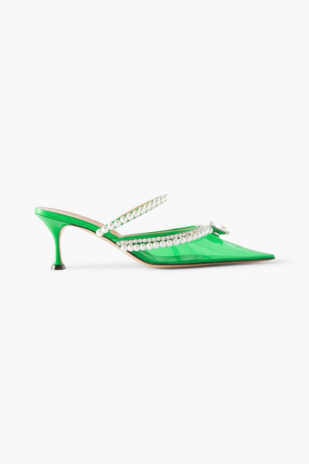 Embellished neon PVC and patent leather mules