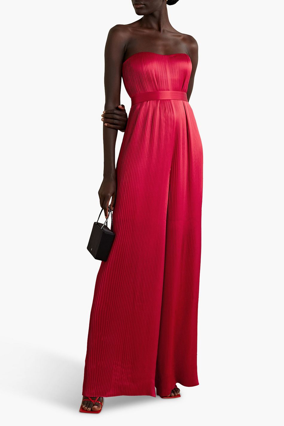 SEMSEM Strapless belted plissé silksatin jumpsuit THE