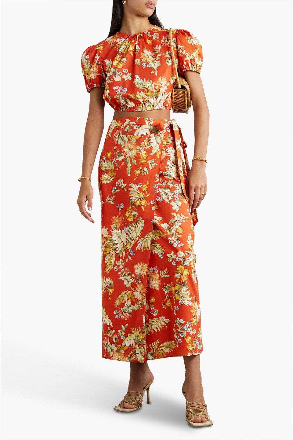 Shop Erdem Hydra Cropped Floral-print Cotton-poplin Top In Orange