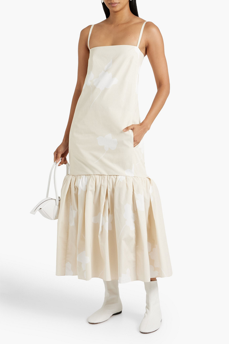 Shop Another Tomorrow Flounce Printed Cotton-poplin Midi Dress In Cream