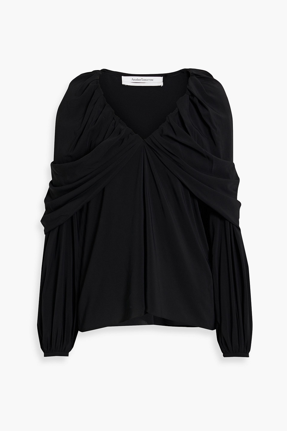 Another Tomorrow Cape-effect Gathered Crepe Top In Black