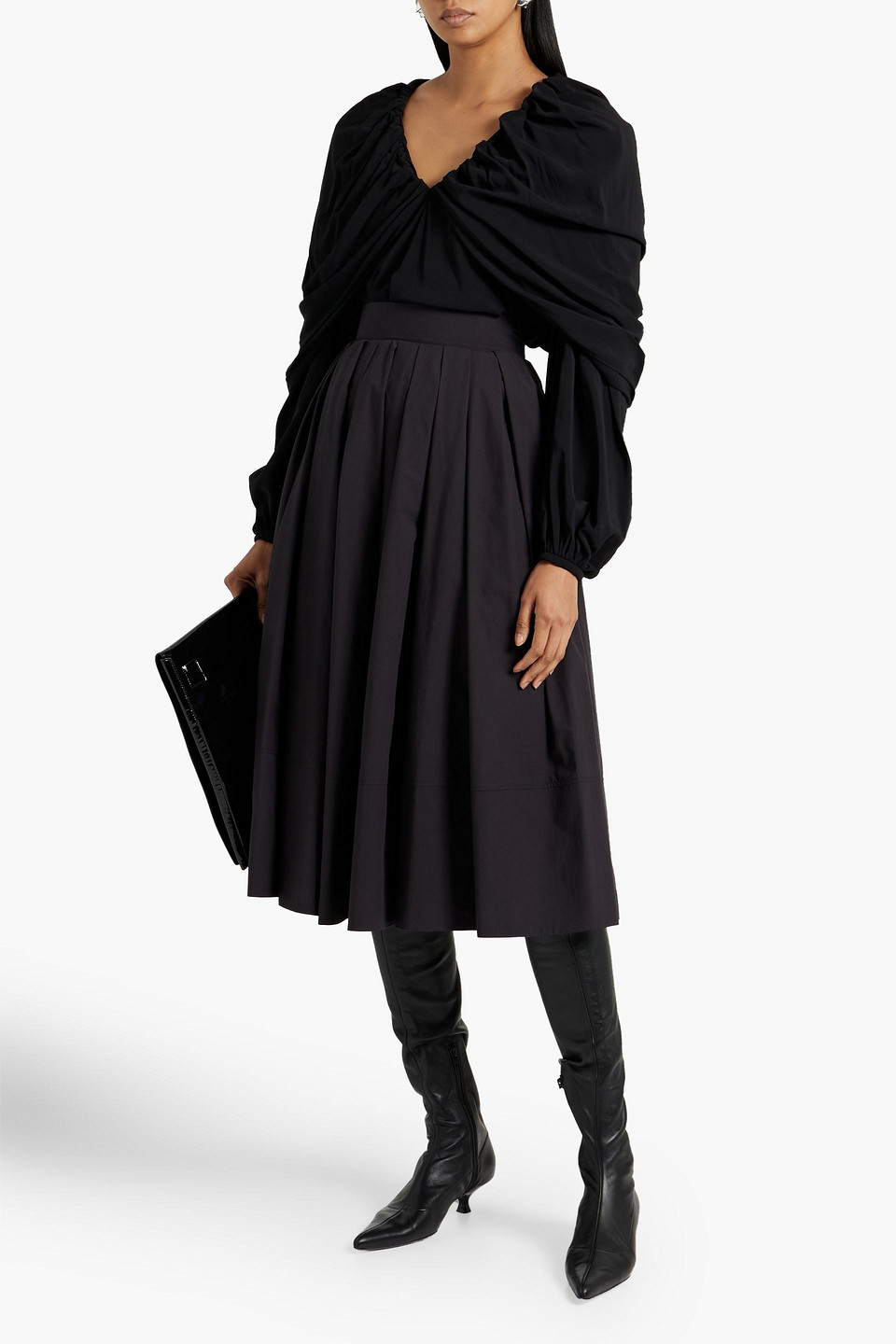 Shop Another Tomorrow Cape-effect Ruched Crepe Top In Black