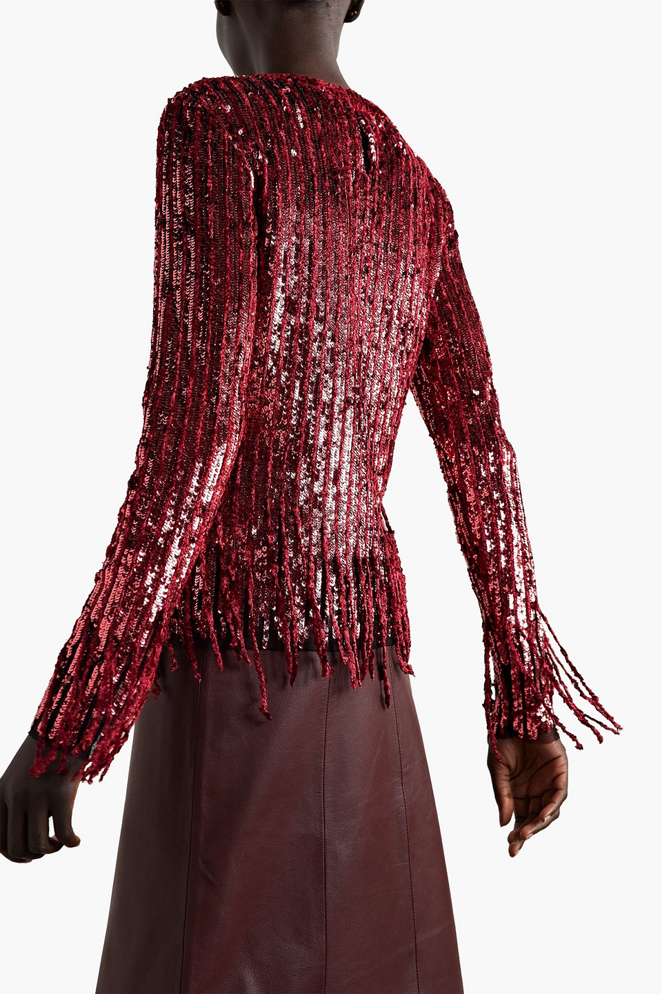 Shop Etro Marlene Fringed Velvet And Sequined Tulle Blouse In Claret