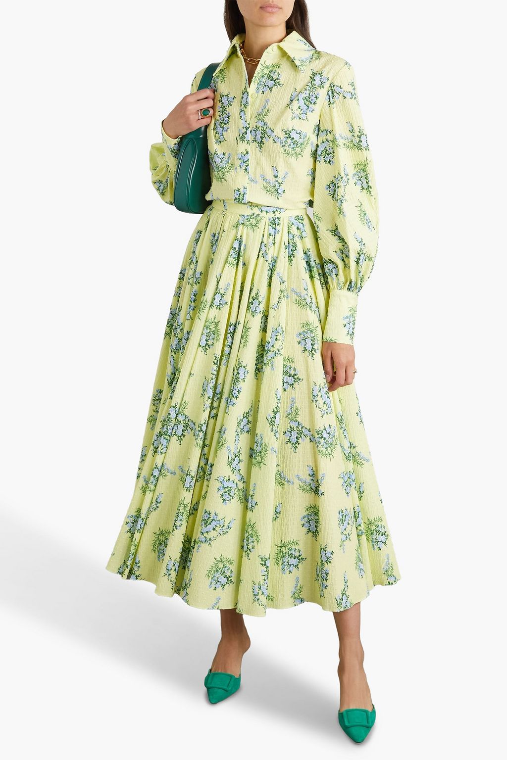 EMILIA WICKSTEAD Rhea floral-print Swiss-dot cotton-blend seersucker midi skirt
