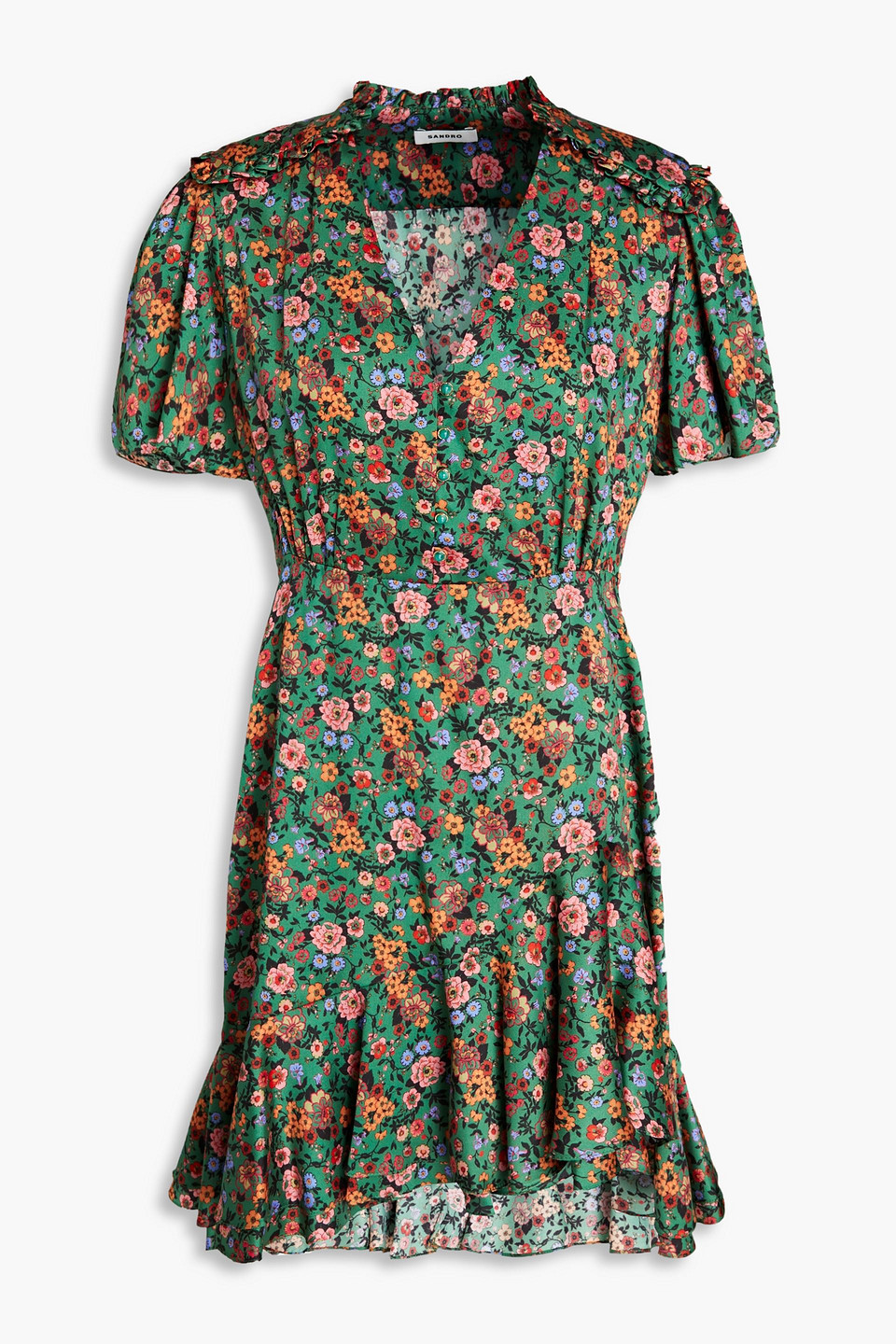 Sandro Marta Gathered Floral-print Twill Mini Dress In Green