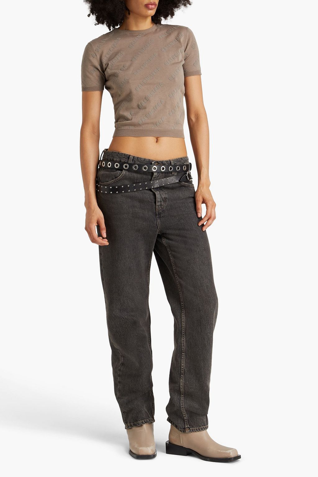 BALENCIAGA Cropped logo-print flocked cotton top
