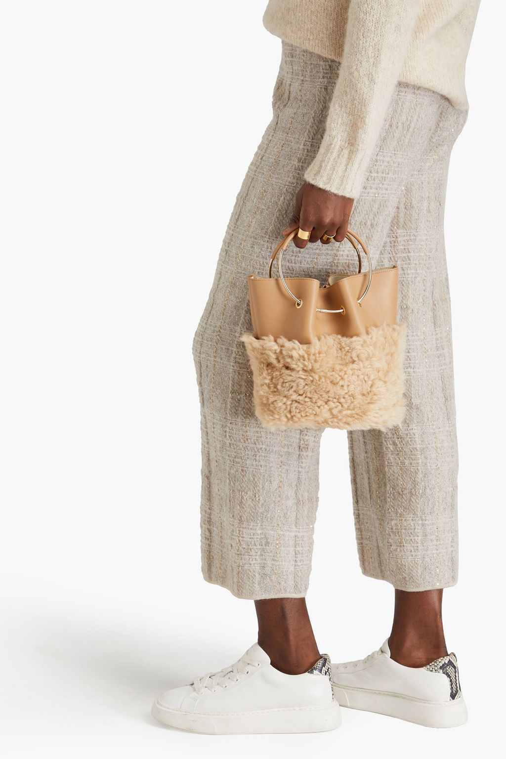 GENTRYPORTOFINO Leather and shearling bucket bag