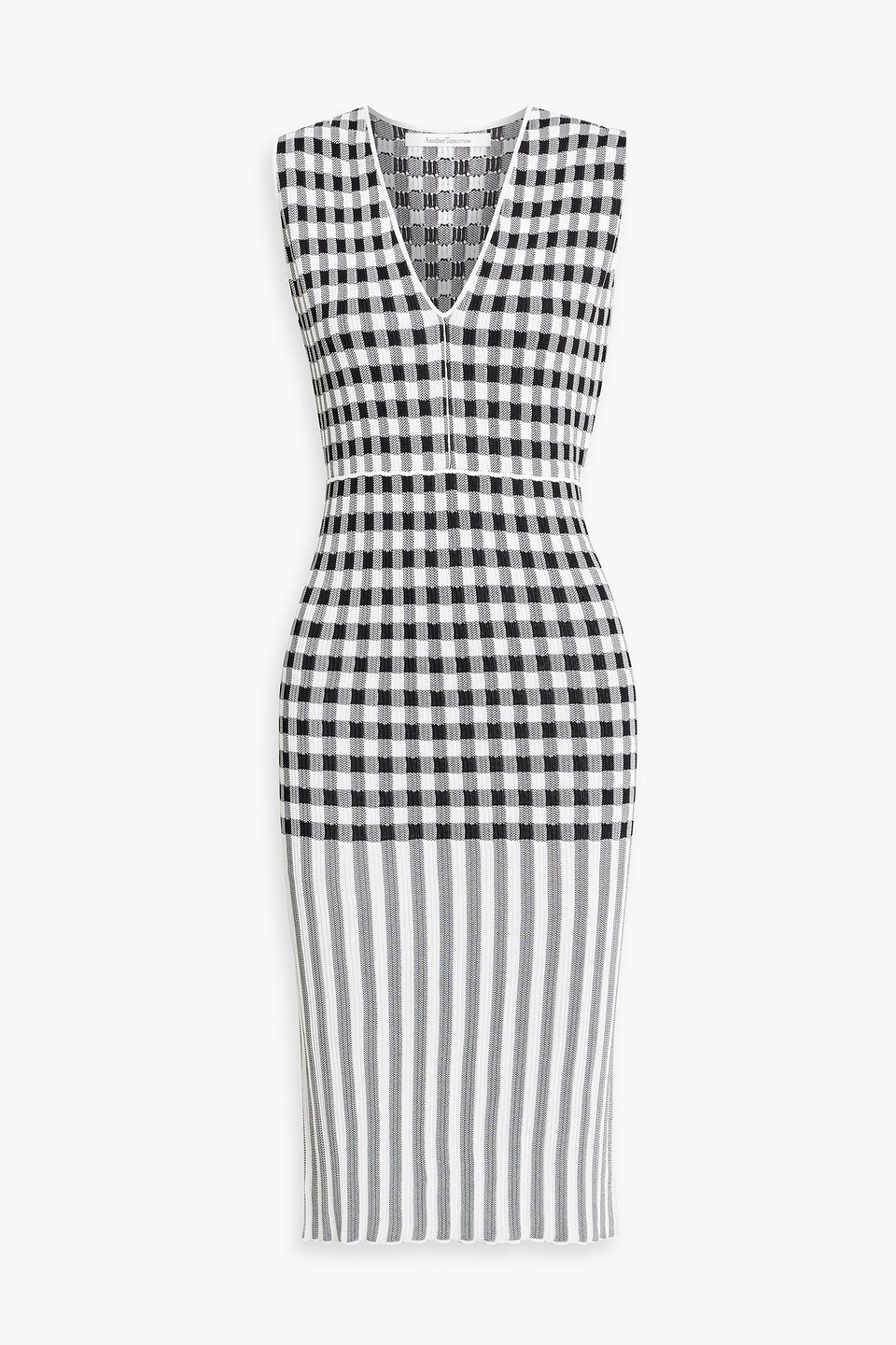 Another Tomorrow Gingham Knit Midi-dress In Black