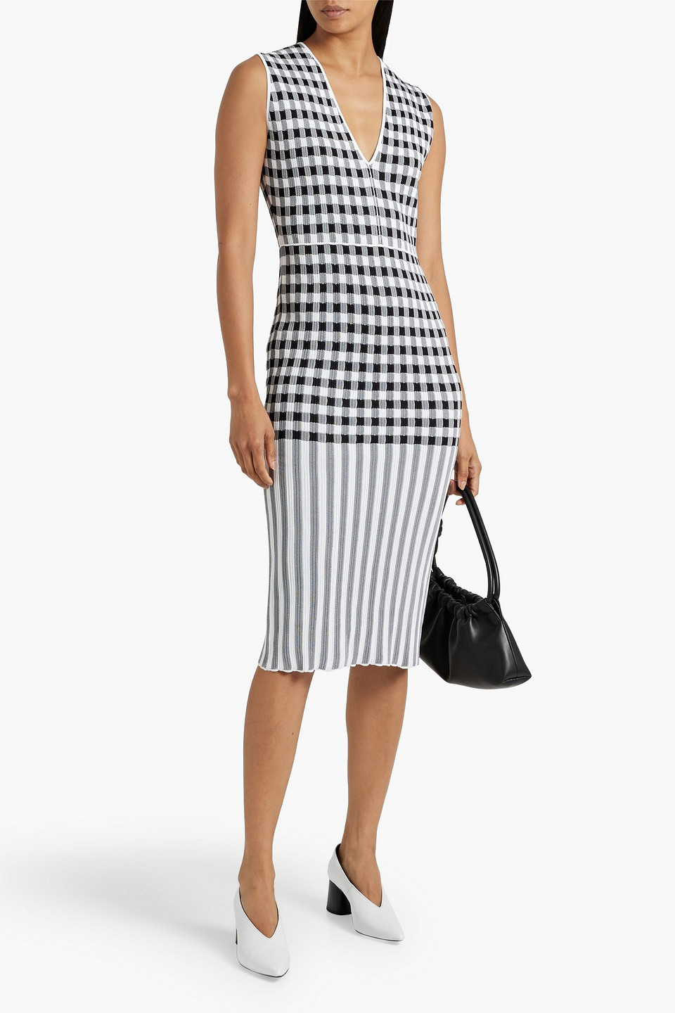 Another Tomorrow Gingham Knit Midi-dress In Black