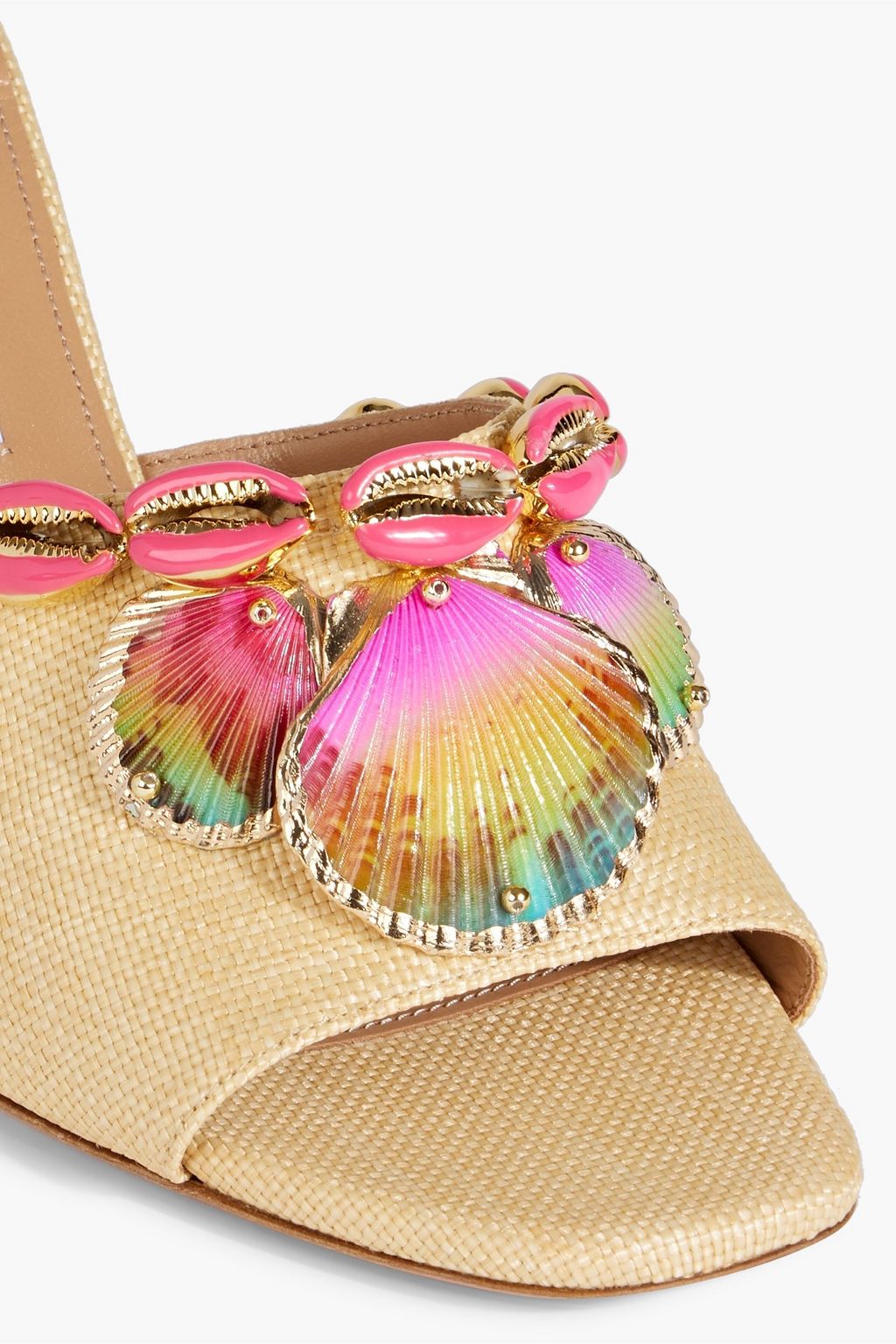 AQUAZZURA Off to Ibiza 75 shell-embellished woven raffia mules