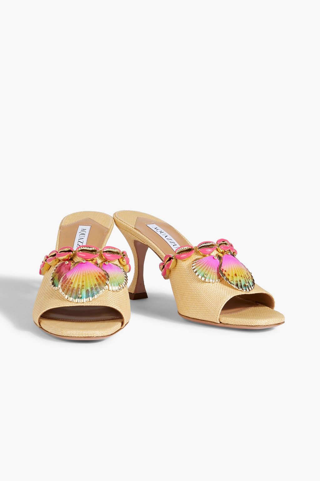 AQUAZZURA Off to Ibiza 75 shell-embellished woven raffia mules