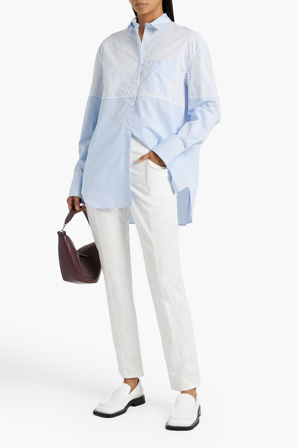 Shop Another Tomorrow Checked Striped Cotton-poplin Shirt In Light Blue