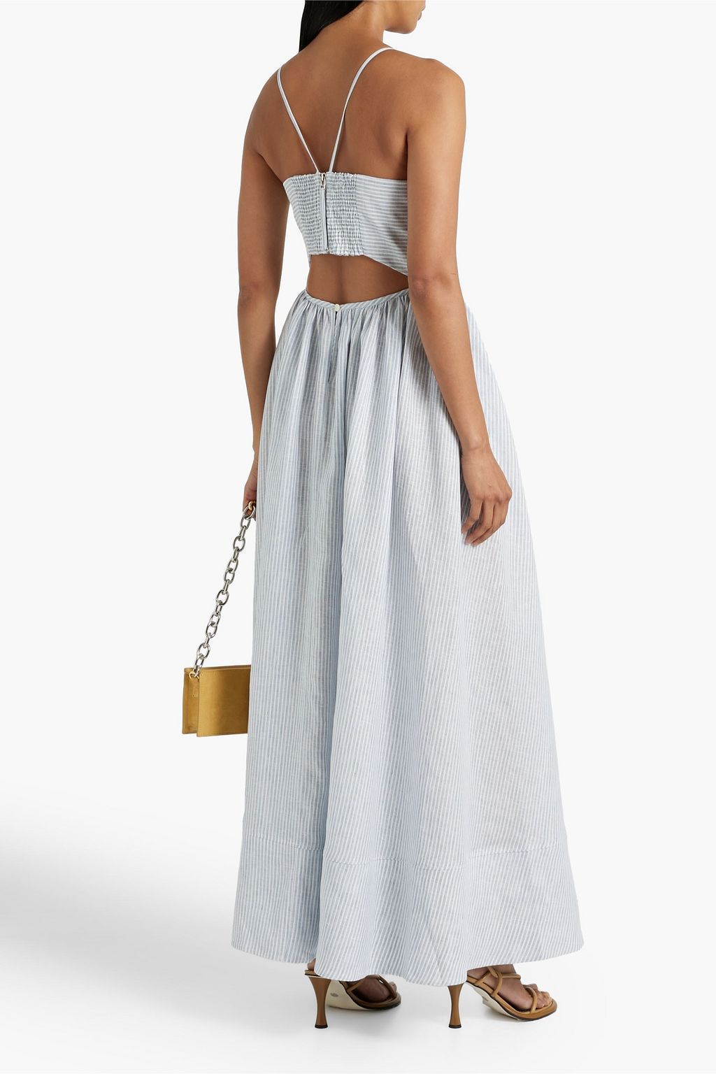 ANOTHER TOMORROW Cutout ruched striped linen maxi dress