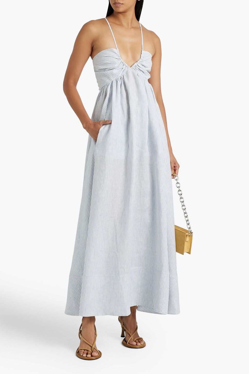 ANOTHER TOMORROW Cutout ruched striped linen maxi dress